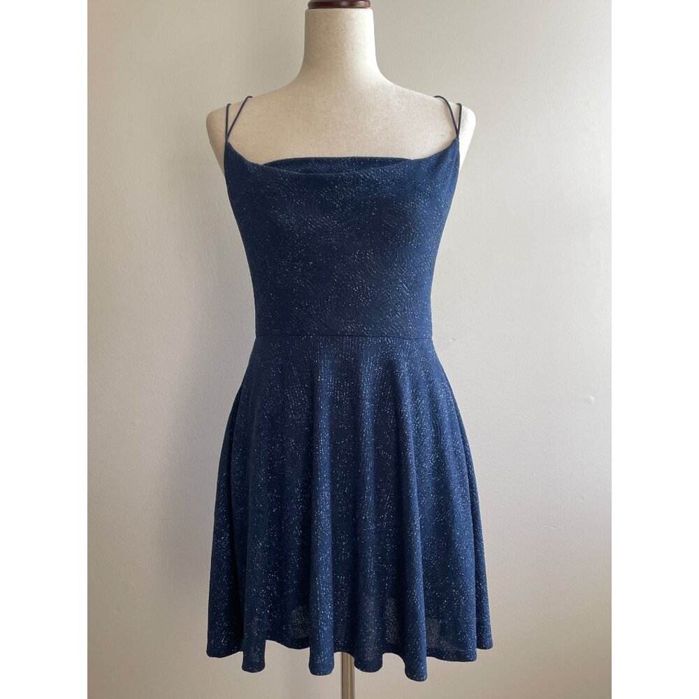 Speechless Fit & Flare Drape Chest Mini Dress Juniors M Navy Sparkle Sleeveless